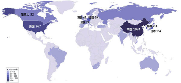 圖5 海洋傳感器領(lǐng)域?qū)＠夹g(shù)區(qū)域分布