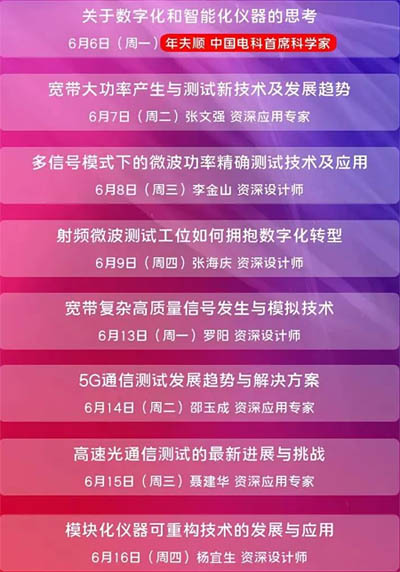 ●關(guān)于數(shù)字化和智能化儀器的思考 6月6日(周一) 年夫順 中國電科首席科學家 ●寬帶大功率產(chǎn)生與測試新技術(shù)及發(fā)展趨勢 6月7日(周二)張文強資深應用專家 ●多信號模式下的微波功率精確測試技術(shù)及應用 6月8日(周三)李金山資深設計師 ●射頻微波測試工位如何擁抱數(shù)字化轉(zhuǎn)型 6月9日(周四)張海慶資深設計師 ●寬帶復雜高質(zhì)量信號發(fā)生與模擬技術(shù) 6月13日(周一)羅陽資深設計師 ●5G通信測試發(fā)展趨勢與解決方案 6月14日(周二)邵玉成資深應用專家 ●高速光通信測試的最新進展與挑戰(zhàn) 6月15日(周三)聶建華資深應用專家 ●模塊化儀器可重構(gòu)技術(shù)的發(fā)展與應用 6月16日(周四)楊宜生資深設計師